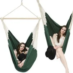 AMANKA Fauteuil Suspendu Pour Asseoir 2 Personnes Hamac 185x130cm Chaise 100% Coton Balançoire XXL 150kg Siège Pour Se Balancer Avec Pivot 360° Vert Foncé - Grün