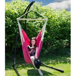 AMANKA Fauteuil Suspendu Pour Asseoir 2 Personnes Hamac 185x130cm Chaise 100% Coton Balançoire XXL 150kg Siège Pour Se Balancer Avec Pivot 360° Fuchsia - Rot -AMANKA Soldes Boutique 10752732 4