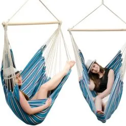 AMANKA Fauteuil Suspendu Pour Asseoir 2 Personnes Hamac 185x130cm Chaise 100% Coton Balançoire XXL 150kg Siège Pour Se Balancer Avec Pivot 360° Rayé Turquoise - Blau
