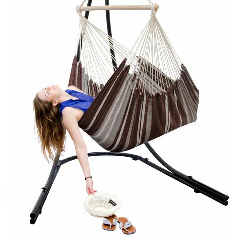 AMANKA Fauteuil Suspendu Pour Asseoir 2 Personnes Hamac 185x130cm Chaise 100% Coton Balançoire XXL 150kg Siège Pour Se Balancer Avec Pivot 360° Rayé Marron - Braun 4 AMANKA Fauteuil Suspendu Pour Asseoir 2 Personnes Hamac 185x130cm Chaise 100% Coton Balançoire XXL 150kg Siège Pour Se Balancer Avec Pivot 360° Rayé Marron - Braun – Image 4