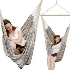 AMANKA Fauteuil Suspendu Pour Asseoir 2 Personnes Hamac 185x130cm Chaise 100% Coton Balançoire XXL 150kg Siège Pour Se Balancer Avec Pivot 360° Rayé Turquoise Et Marron - Bunt