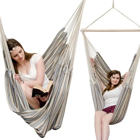 AMANKA Fauteuil Suspendu Pour Asseoir 2 Personnes Hamac 185x130cm Chaise 100% Coton Balançoire XXL 150kg Siège Pour Se Balancer Avec Pivot 360° Rayé Turquoise Et Marron - Bunt 1 AMANKA Fauteuil Suspendu Pour Asseoir 2 Personnes Hamac 185x130cm Chaise 100% Coton Balançoire XXL 150kg Siège Pour Se Balancer Avec Pivot 360° Rayé Turquoise Et Marron - Bunt