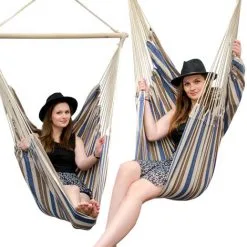 AMANKA Fauteuil Suspendu Pour Asseoir 2 Personnes Hamac 185x130cm Chaise 100% Coton Balançoire XXL 150kg Siège Pour Se Balancer Avec Pivot 360° Rayé Marron Et Bleu - Bunt