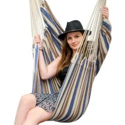 AMANKA Fauteuil Suspendu Pour Asseoir 2 Personnes Hamac 185x130cm Chaise 100% Coton Balançoire XXL 150kg Siège Pour Se Balancer Avec Pivot 360° Rayé Marron Et Bleu - Bunt -AMANKA Soldes Boutique 10752741 3