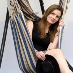 AMANKA Fauteuil Suspendu Pour Asseoir 2 Personnes Hamac 185x130cm Chaise 100% Coton Balançoire XXL 150kg Siège Pour Se Balancer Avec Pivot 360° Rayé Marron Et Bleu - Bunt -AMANKA Soldes Boutique 10752741 4