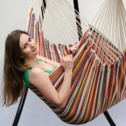 AMANKA Fauteuil Suspendu Pour Asseoir 2 Personnes Hamac 185x130cm Chaise 100% Coton Balançoire XXL 150kg Siège Pour Se Balancer Avec Pivot 360° Rayé Multicolore Clair - Bunt -AMANKA Soldes Boutique 10752743 4