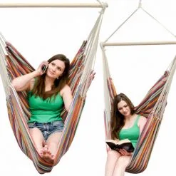 AMANKA Fauteuil Suspendu Pour Asseoir 2 Personnes Hamac 185x130cm Chaise 100% Coton Balançoire XXL 150kg Siège Pour Se Balancer Avec Pivot 360° Rayé Multicolore Clair - Bunt -AMANKA Soldes Boutique 10752743 5
