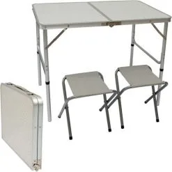 AMANKA Table De Camping Pliable Réglable En Hauteur 90x60x70cm Incl 2 Tabourets Pliants Format Mallette Gris Clair - Grau