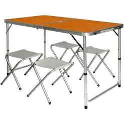 AMANKA Table De Camping Pliable Réglable En Hauteur 120x60x70cm Incl 4 Tabourets Pliants Format Mallette Bambou - Braun