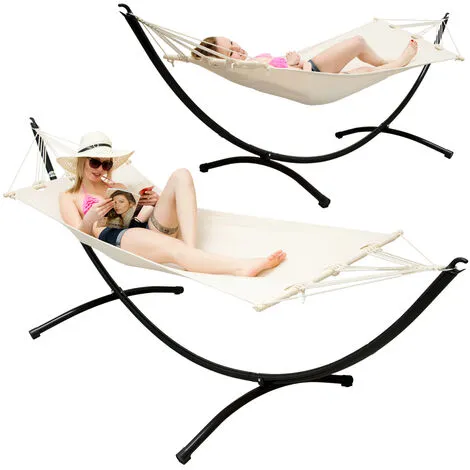 AMANKA Hamac De Jardin Avec Support - 300x100cm Extérieur Intérieur - Cadre Métallique - Beige 2 AMANKA Hamac De Jardin Avec Support - 300x100cm Extérieur Intérieur - Cadre Métallique - Beige – Image 2