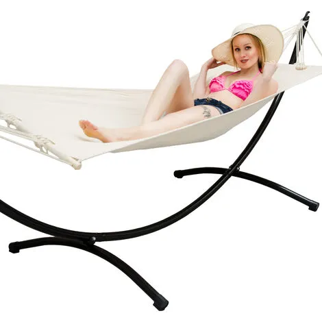 AMANKA Hamac De Jardin Avec Support - 300x100cm Extérieur Intérieur - Cadre Métallique - Beige 3 AMANKA Hamac De Jardin Avec Support - 300x100cm Extérieur Intérieur - Cadre Métallique - Beige – Image 3