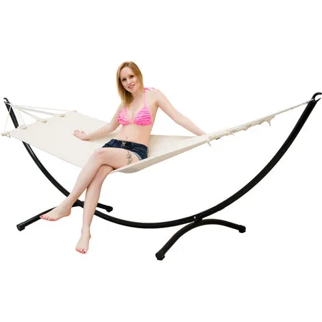 AMANKA Hamac De Jardin Avec Support - 300x100cm Extérieur Intérieur - Cadre Métallique - Beige 4 AMANKA Hamac De Jardin Avec Support - 300x100cm Extérieur Intérieur - Cadre Métallique - Beige – Image 4