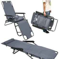 AMANKA Chaise Longue Inclinable Et Pliante | Transat De Jardin Avec Appui-tête Réglable + Rembourrage 178 Cm Amovible + Repose-jambes + Dossier Inclinables | Gris - Grau