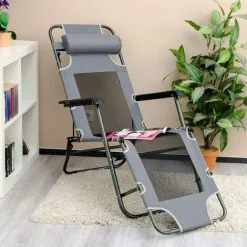AMANKA Chaise Longue Pliable Pour Camping Et Jardin | Transat Inclinable Avec Repose-tête | Structure En Acier | Poids Max Supporté 100 Kg | 178cm | Gris - Grau -AMANKA Soldes Boutique 10977946 3