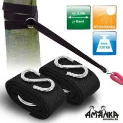 AMANKA Kit Fixation Hamac Arbre Kimba Incl 2 Sangles En Polyester Résistants Aux UV 3,2m Long 5cm Large Et 2 Crochets S En Acier Poids Supporté 250kg - Schwarz -AMANKA Soldes Boutique 10978011 4