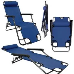 AMANKA Chaise Longue Inclinable Et Pliante |Transat De Jardin 153 Cm + Appuie-tête Amovible + Repose-jambes Et Dossier Inclinables | Bleu Foncé - Blau
