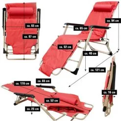 AMANKA Chaise Longue Transat 178cm Pliant Incl Appuie-tête Et Coussin Amovibles Rouge - Rot -AMANKA Soldes Boutique 12736497 3