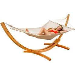 AMANKA Hamac XXL Avec Support En Bois Naturel Chaise Longue Suspendue Pour Jardin - Beige