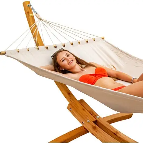 AMANKA Hamac XXL Avec Support En Bois Naturel Chaise Longue Suspendue Pour Jardin - Beige 3 AMANKA Hamac XXL Avec Support En Bois Naturel Chaise Longue Suspendue Pour Jardin - Beige – Image 3