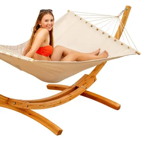 AMANKA Hamac XXL Avec Support En Bois Naturel Chaise Longue Suspendue Pour Jardin - Beige 4 AMANKA Hamac XXL Avec Support En Bois Naturel Chaise Longue Suspendue Pour Jardin - Beige – Image 4