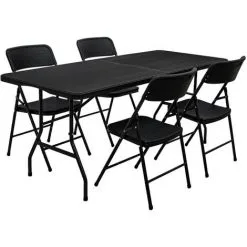 AMANKA Ensemble De Meubles De Jardin Table De 180cm 4 Chaises Pliable Aspect Rotin Noir - Schwarz