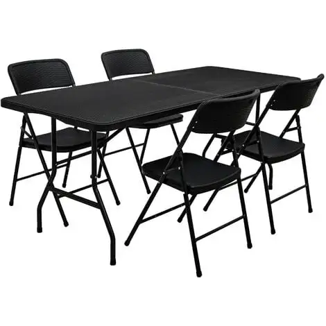 AMANKA Ensemble De Meubles De Jardin Table De 180cm 4 Chaises Pliable Aspect Rotin Noir - Schwarz 1 AMANKA Ensemble De Meubles De Jardin Table De 180cm 4 Chaises Pliable Aspect Rotin Noir - Schwarz