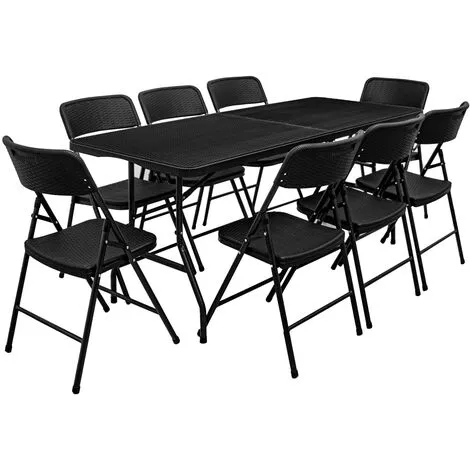AMANKA Ensemble De Meubles De Jardin Table De 180cm 8 Chaises Pliable Aspect Rotin Noir - Schwarz 1 AMANKA Ensemble De Meubles De Jardin Table De 180cm 8 Chaises Pliable Aspect Rotin Noir - Schwarz
