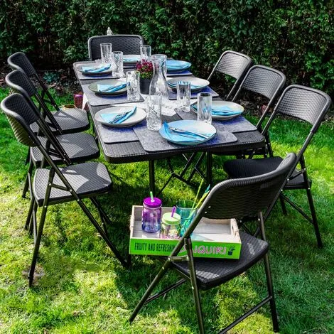 AMANKA Ensemble De Meubles De Jardin Table De 180cm 8 Chaises Pliable Aspect Rotin Noir - Schwarz 2 AMANKA Ensemble De Meubles De Jardin Table De 180cm 8 Chaises Pliable Aspect Rotin Noir - Schwarz – Image 2