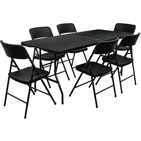 AMANKA Ensemble De Meubles De Jardin Table De 180cm 6 Chaises Pliable Aspect Rotin Noir - Schwarz 1 AMANKA Ensemble De Meubles De Jardin Table De 180cm 6 Chaises Pliable Aspect Rotin Noir - Schwarz