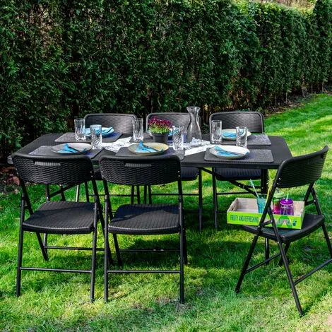 AMANKA Ensemble De Meubles De Jardin Table De 180cm 6 Chaises Pliable Aspect Rotin Noir - Schwarz 2 AMANKA Ensemble De Meubles De Jardin Table De 180cm 6 Chaises Pliable Aspect Rotin Noir - Schwarz – Image 2