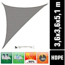 AMANKA Voile D'ombrage UV 3,6x3,6x5,1 HDPE Triangle Protection Solaire Jardin Gris - Grau
