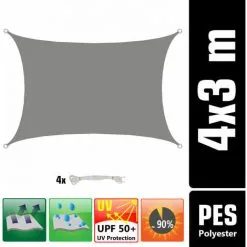 AMANKA UPF50+ Voile D'ombrage UV 3x4 M Polyester Rectangle Protection Hydrofuge Gris - Grau