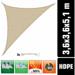 AMANKA Voile D'ombrage UV 3,6x3,6x5,1 HDPE Triangle Protection Solaire Toile Ivoire - Beige
