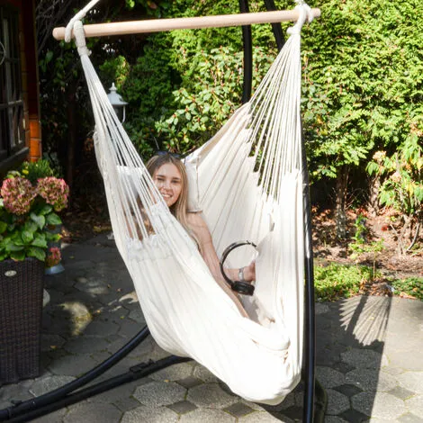 AMANKA XXL Chaise Suspendue Avec Compartiment Latéral Et Coussin - Hamac 220x120 Cm - Beige 2 AMANKA XXL Chaise Suspendue Avec Compartiment Latéral Et Coussin - Hamac 220x120 Cm - Beige – Image 2