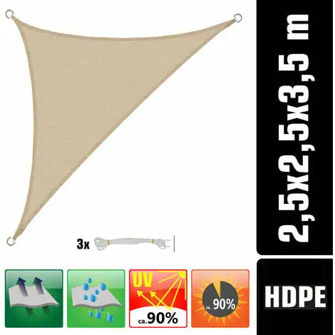 AMANKA Voile D'ombrage UV 2,5x2,5x3,5 HDPE Triangle Protection Solaire Toile Ivoire - Beige 1 AMANKA Voile D'ombrage UV 2,5x2,5x3,5 HDPE Triangle Protection Solaire Toile Ivoire - Beige